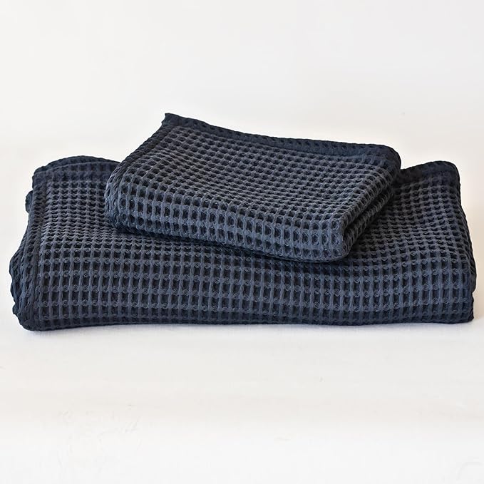 2-Piece Waffle Towels Set for Bathroom Anthracite - Soft 100% Turkish Cotton Quick-Dry Lint-Free Waffle Weave Thin Bath and Hand Towels (Anthracite, Set of 2 Mix Towels)
