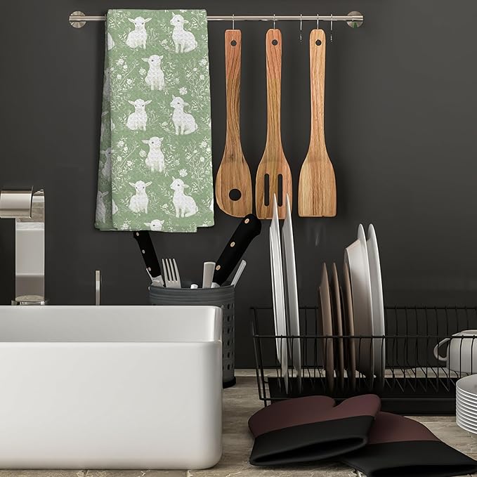 Sage Green Chinoiserie Lambs Kitchen Towels Decor,Floral Sheep Decorative Dish Tea Towels,Sage Green Grandmillennial Botanical Animal Hand Towels for Bathroom,16x24 Inch