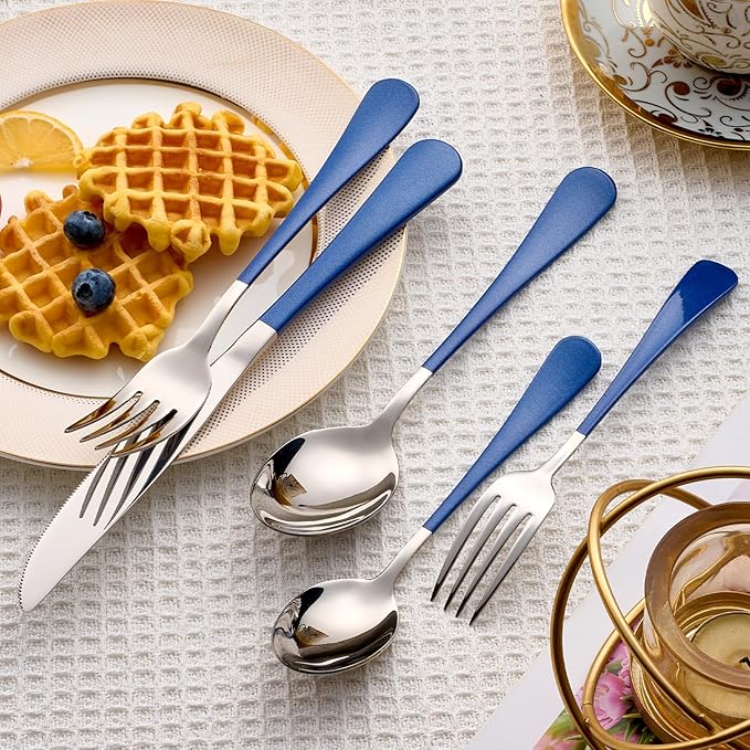 20 Piece Blue 18/0 Flatware Utensil Set for 4, Include Dinner Knife,Dinner Forks,Dinner Spoons,Salad Forks,Teaspoons,Silverware Set for 4, Dishwasher Safe