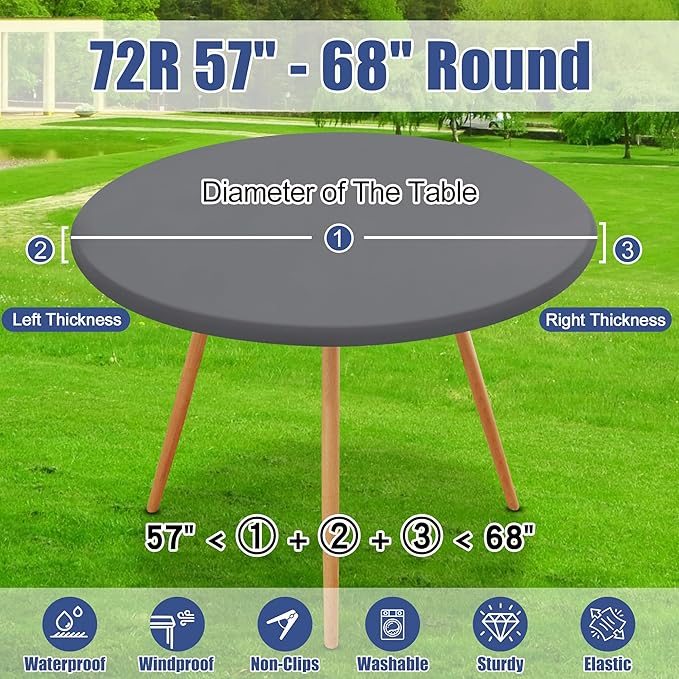 Round Spandex Tablecloth, Elastic Fitted Waterproof Tablecloths for 57"-68" Tables, Stretch Washable Picnic Table Cover for Camping, Dining, Indoor and Outdoor, Grey