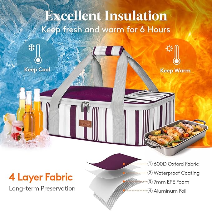 Lifewit Insulated Casserole Carrier for Hot or Cold Food, Casserole Dish with Lid and Carrying Case, Lasagna Holder for Potluck Parties/Picnic/Cookouts, Fits 9"x13" Baking Dish, Purple