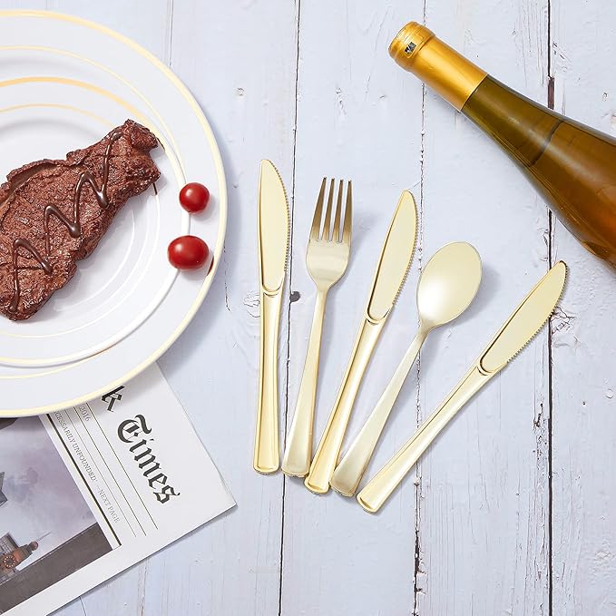 N9R 160pcs Gold Plastic Silverware - Gold Plastic Utensils Set - Tableware Flatware Kit 80 Forks, 40 Spoons, 40 Knives Disposable Cutlery Set for Party, Wedding, Birthday