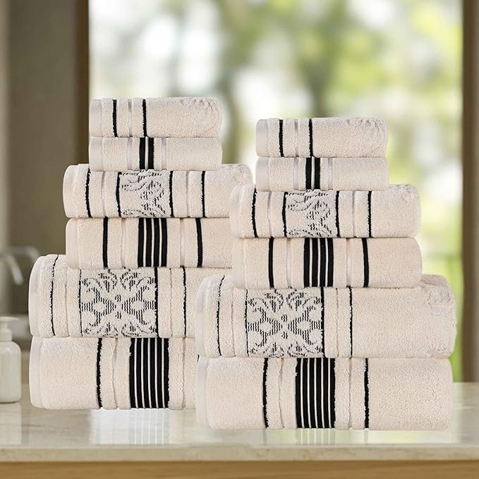 Superior Cotton 12 Piece Assorted Floral Towel Set, Includes 4 Bath, 4 Hand, 4 Washcloth/Face Towels, Quick Dry, Home Essentials, Shower, Spa, Luxury Plush Soft Absorbent Towels, Zero Twist, Ivory