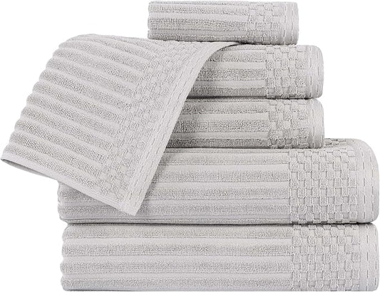 Cotton 6-Piece Solid and Ribbed Towel Set, Face Towels 13” x 13”, Hand Towels 16” x 28”, Bath Towels 27” x 54”, Silver by Superior
