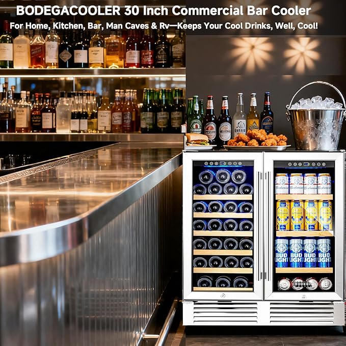 BODEGACOOLER Back Bar Cooler With 2 Glass Doors,30 Inch Under Counter Beverage Refrigerator,Large Capacity Commercial Wine and Beverage Refrigerator,LED Lighting Display Beer Wine Soda Drinks.