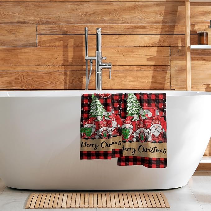 Imiss Merry Christmas Hand Bath Towels 2 Pcs Gnome Truck Xmas Tree Red Black Buffalo Plaid Kitchen Dish Towels for Holiday Decor Bathroom Hotel Gym Spa