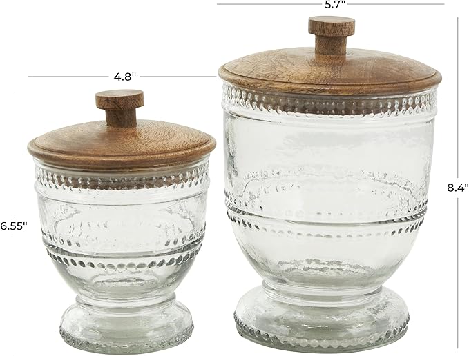 Deco 79 Glass Living Room Decorative Jars Beaded Decorative Container with Wood Lids, Set of 2 Jar with Lid 8", 7"H, Clear
