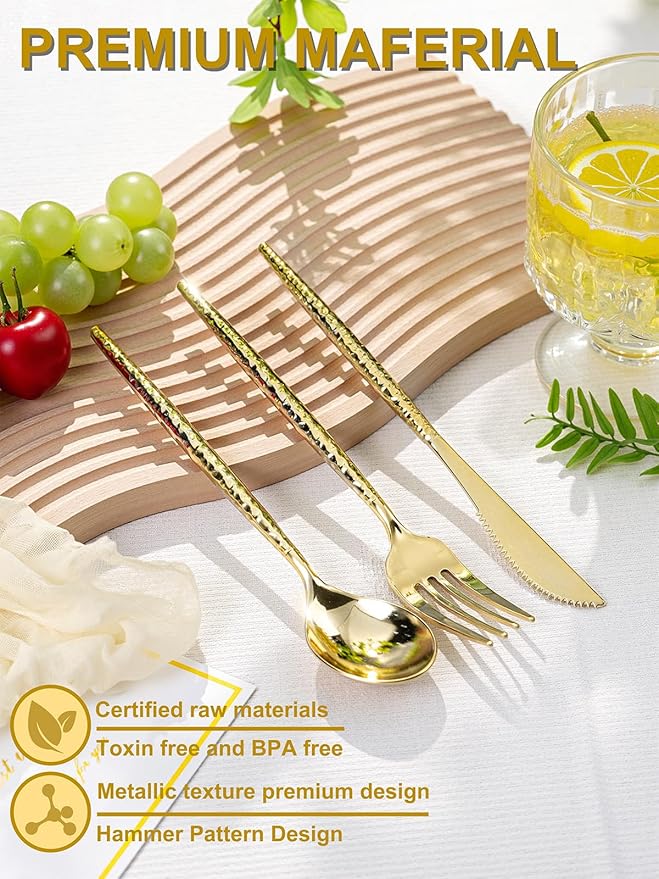 U-QE 60 PCS Gold Plastic Forks - 7.7 Inch Hammered Heavy Duty Plastic Forks - Elegant Gold Plastic Silverware - Perfect for Parties & Weddings and Other Daily Events