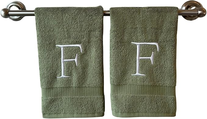Sage Initial Hand Towel for Bathroom - Monogrammed Luxury Hotel Quality Decorative Embroidered Towel for Powder Room, Spa - GOTS Organic Certified - Set of 2 Letter F