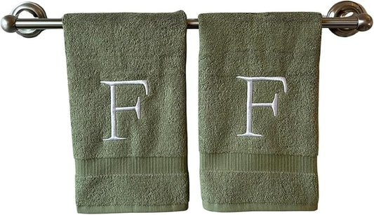 Sage Initial Hand Towel for Bathroom - Monogrammed Luxury Hotel Quality Decorative Embroidered Towel for Powder Room, Spa - GOTS Organic Certified - Set of 2 Letter F