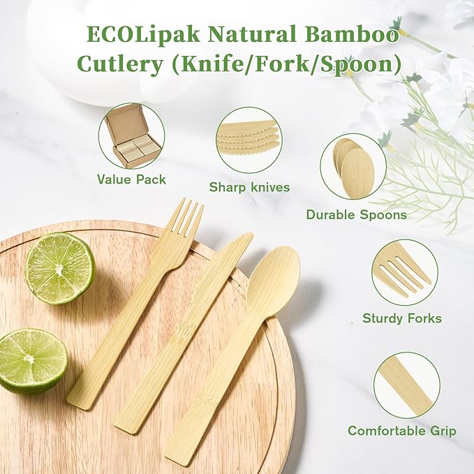 ECOLipak 300 Count Bamboo Cutlery Set, 100 Knives, Forks and Spoons each, No Splinters Disposable Cutlery Set Compostable Utensils for Party, Camping, Traveling, Family Dinners