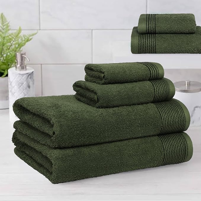 Belizzi Home 100% Cotton Ultra Soft 6 Pack Towel Set, Contains 2 Bath Towels 28x55 inchs, 2 Hand Towels 16x24 inchs & 2 Washcloths 12x12 inchs, Compact Lightweight & Highly Absorbant - Olive Green
