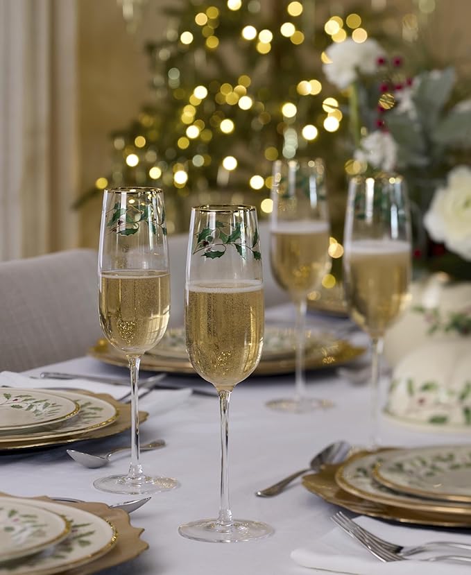 Lenox Glassware, Holiday Decal Flutes, Set of 4, 11-Ounce Capacity, Made From Glass, Dishwasher Safe Flutes, Drinking Glasses Set, Home And Kitchen, Champagne Flute, Champagne Glasses (Clear, 4 Piece)