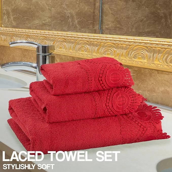 3 Piece Laced Bath Towels Set for Bathroom, Bath, Hand & Wash Cloths, Decorative Stylish Plush Cotton Washcloths - Showering, Face & Body Washing, Airbnb Essentials & Host Accessories, Red