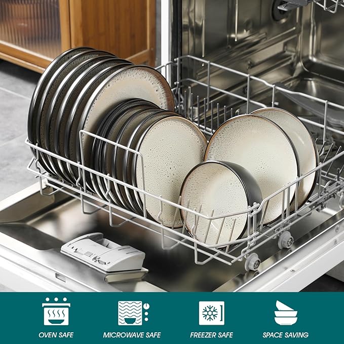 vancasso Plates and Bowls Sets, 24 Pieces Stoneware Dinnerware Sets for 8, Kitchen Dish Set Mircowave and Dishwasher Safe Ceramic Dishware, Light Cream, Series AMBER