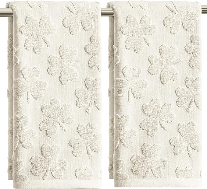 Artoid Mode 2 Pcs Beige 3D Shamrock Jacquard Patrick Hand Towels for Bathroom, 100% Cotton Soft Absorbent Bathroom Decor Towels, 13.7 x 29.5 Inch