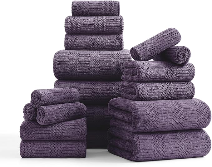 18 Pcs Purple Woven Family Towels Set-6 Bath Sheets,6 Hand Towels,6 Washcloths Soft Polyester Towels Absorbent Shower Towel Quick Dry Beach Chair Towel Lint Less Towels Set for Bathroom Spa Gym Hotel
