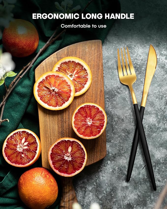 EUIRIO 60-Piece Silverware Set for 12, Stainless Steel Flatware Set Matte Black Gold, Modern Brushed Thick Cutlery Set with Spoons Forks and Knives, Utensil Set for Home Kitchen Hotel Dishwasher Safe