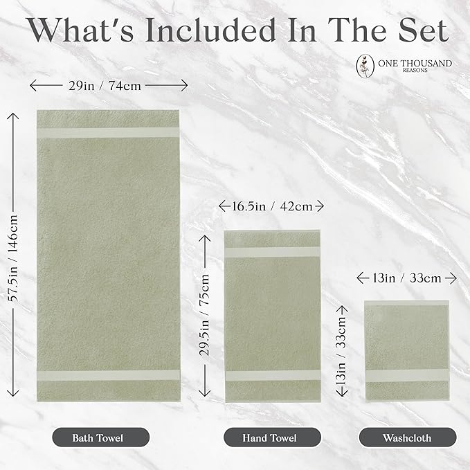 Premium Staple Cotton Bathroom Towel Set - Sage Green 600 GSM 6-Piece Luxury Bath Towel Set 1 Stripe - 2 Bath Towels, 2 Hand Towels & 2 Washclothes Set - High Absorbent & Quick Dry for Gym, Spa, Hotel