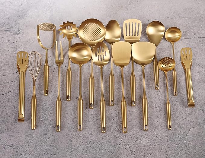 Gold Cooking Utensils Set - 18/10 Stainless Steel Small and Large Spoons Set, 16 PCS All Metal Kitchen Tools, Serving Utensils - Whisk, Masher, Fork, Tongs, Spatula, Turner, Ladle, Skimmer, Pasta