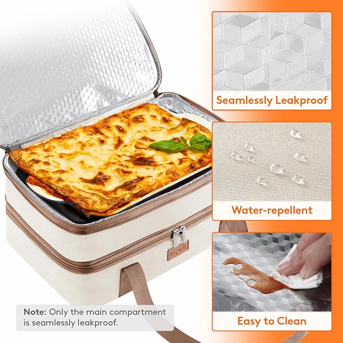 Lifewit Double Decker Insulated Casserole Carrier for Hot or Cold Food, Casserole Dish with Lid and Carrying Case, Lasagna Holder for Potluck Parties/Picnic/Cookouts, Fits 9"x13" Baking Dish, Beige