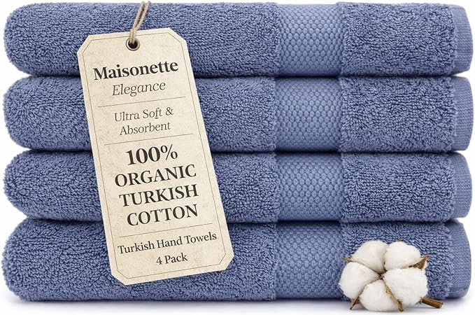 Maisonette Elegance 100% Organic Cotton Turkish Hand Towels - Soft, Absorbent Washcloths for Face - Ideal Quick Dry Large Towel Wash Cloth Set for Bathroom - (20" x 30", 4 Pack) - Dark Blue (Mineral)