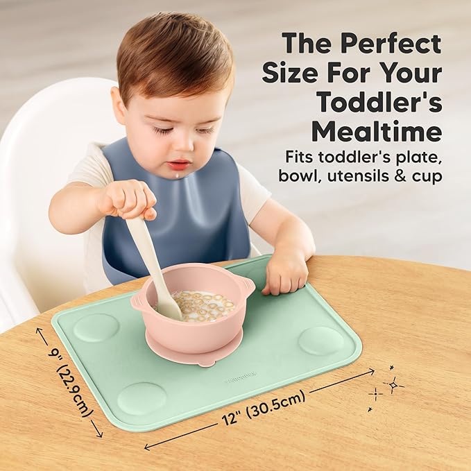 KeaBabies 2-Pack Silicone Placemats for Toddlers - 12x9 Non Slip Suction Baby Silicone Placemat for Kids Eating, Easy to Clean, Busy Travel Baby Mat for Dining Table, Food Grade/BPA-Free (Mellow)