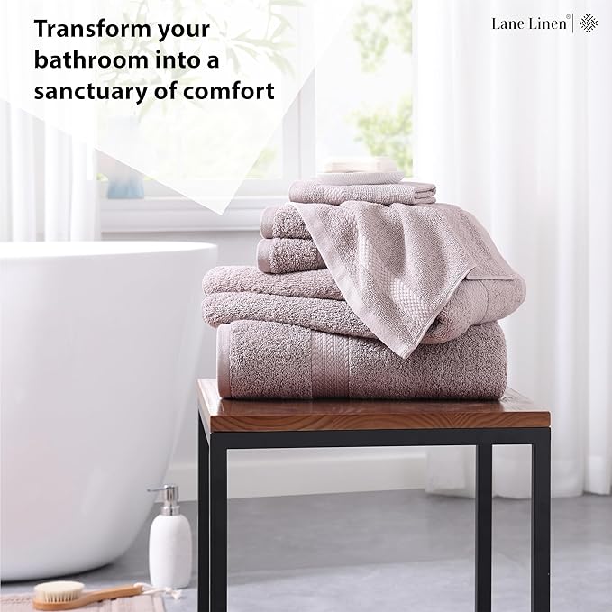 LANE LINEN 100% Cotton Bathroom Towel Set - 6 Pieces - Fluffy, Super Soft & Highly Absorbent - 2 Large Bath Towels, 2 Washcloths, 2 Hand Towels - Ringspun, Double Sided Cotton Terry - Platinum