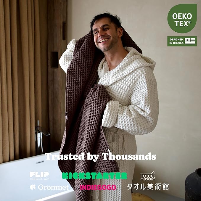 Luxury Organic Japanese Cotton Waffle Bath Towel | Thick, Absorbent, Quick Dry Bathroom Towels for Shower, Sauna, Onsen| Hotel & Spa Quality, Gift-Ready (Dark Cocoa, Complete Set (4-Piece))