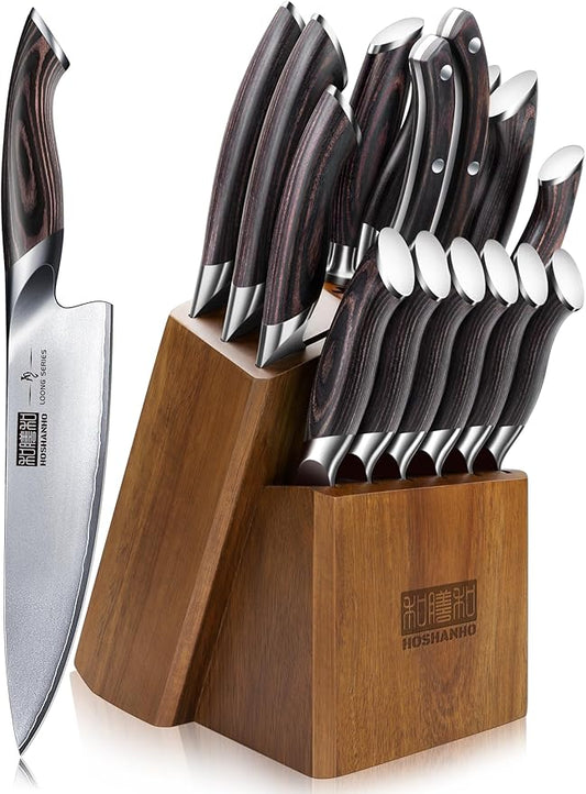 HOSHANHO 16-Piece Knife Set, Japanese High Carbon Stainless Steel Kitchen Knife Set, Ultra Sharp Chef Knife Block Set with Sharpener