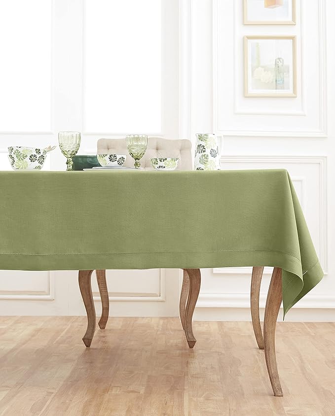 Solino Home Linen Moss Green Tablecloth 60 x 108 Inch - Classic Hemstitch, 100% Pure Linen Rectangular Tablecloth - Machine Washable Table Cloth for Winter