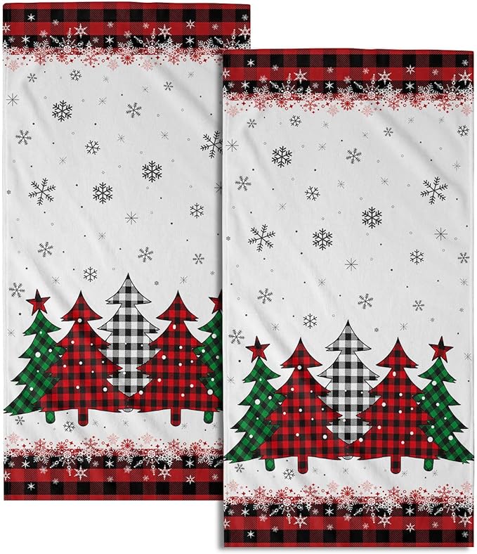 Imiss Christmas Hand Face Towels 2 Pcs - Red Black Buffalo Plaid Xmas Tree Guest Fingertip Towels 14.4 x 28.3 Inch for Winter Holiday Bathroom Seasonal Decor Gift