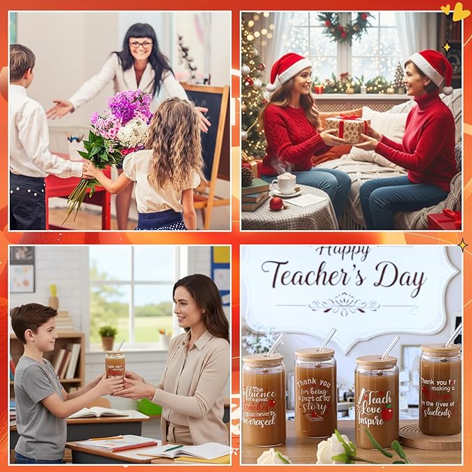 4 Pcs 16 oz Christmas Teacher Gifts for Women Teacher Appreciation Gifts Thank You Coffee Cup Tumbler Drinking Glass Beer Cups with Bamboo Lids Glass Straw Cleaning Brush for Employee Staff(Grateful)