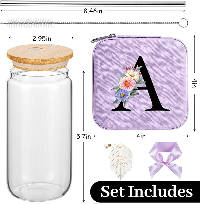 AYGXU christmas gifts for women,initial glass cups with lids and straws 16oz,iced coffee cup,Travel Must Have Jewelry Box set,travel Jewelry Case Organizer,Birthday Gifts,Initial A purple