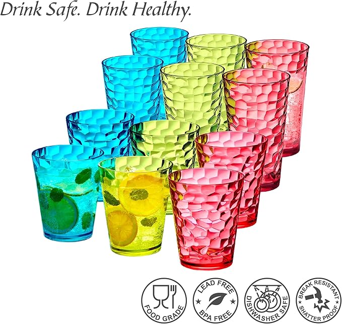 Amazing Abby - Iceberg - 16-Ounce and 24-Ounce Plastic Tumblers (Set of 12), Acrylic Drinking Glasses, Mixed-Color Reusable Plastic Cups, Stackable, BPA-Free, Shatter-Proof, Dishwasher-Safe