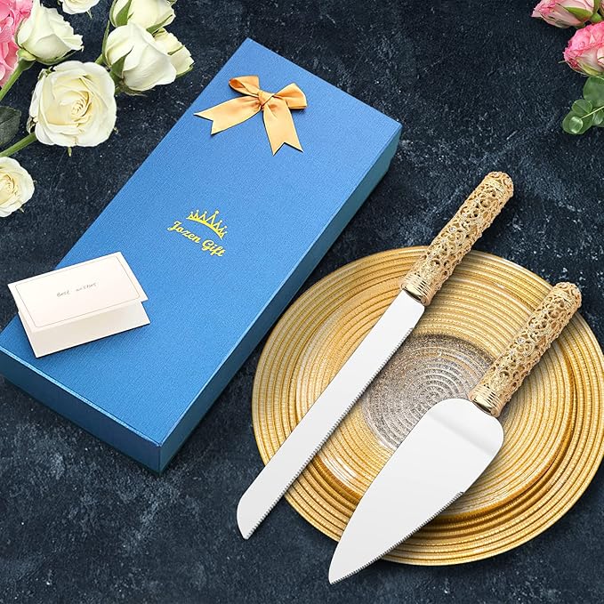 Gold Cake Knife and Server Set - 2 Piece Dessert Set Metal Handle with Crystal Stones Decoration for Wedding, Anniversary Party Birthday Banquets and Gifts for Bride and Groom