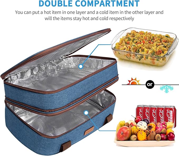 LHZK Double Decker Insulated Casserole Carrier for Hot or Cold Food, Expandable Hot Food Carrier, Lasagna Holder Tote for Potluck Parties, Picnic, Beach, Fits 11 x 15 or 9 x 13 Baking Dish (Blue)