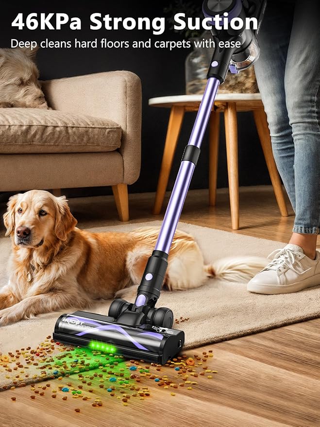 Cordless Vacuum Cleaner, 46KPa/500W Stick Vacuum with 55 Mins Runtime, Self-Standing Vacuum Cleaner for Home, LED Display, Anti-Tangle Brush, Rechargeable Vacuum for Hardwood Floor, Pet Hair (Violet)