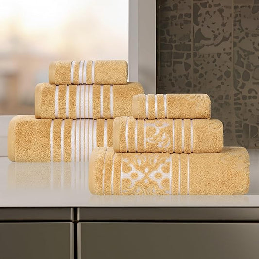 Superior Cotton 6 Piece Assorted Floral Towel Set, Includes 2 Bath, 2 Hand, 2 Washcloth/Face Towels, Quick Dry, Home Essentials, Shower, Spa, Luxury Plush Soft Absorbent Towels, Zero Twist, Gold