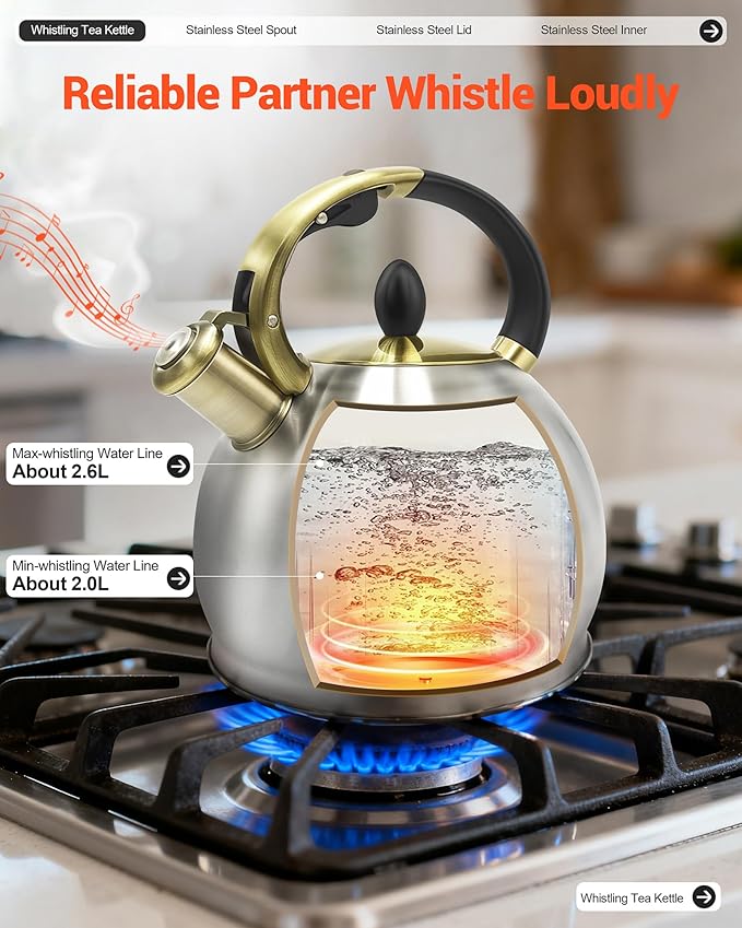 Stove top Whistling Tea Kettle Food Grade Stainless Steel Teapot of 5-layer base for Camping & Kitchen(Brushed, 2.64 Qt)