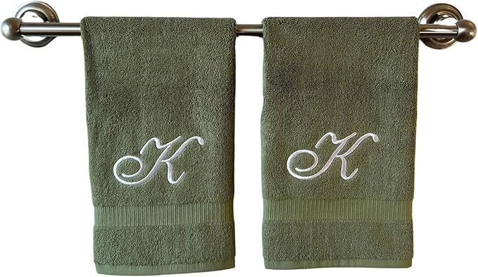 Sage Monogrammed Hand Towels for Bathroom - Luxury Hotel Quality Personalized Initial Embroidered Towel for Powder Room, Spa - GOTS Organic Certified - Set of 2 White Letter K
