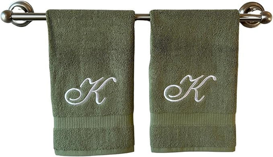 Sage Monogrammed Hand Towels for Bathroom - Luxury Hotel Quality Personalized Initial Embroidered Towel for Powder Room, Spa - GOTS Organic Certified - Set of 2 White Letter K