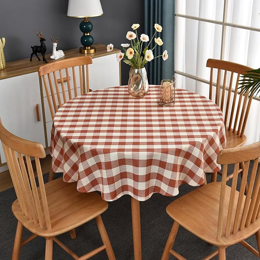 Gingham Table Cloth for Round Tables Orange Checkered Plaid Tablecloth Heavy Duty Cotton Blend Washable & Wrinkle Table Cover for Outdoor Kitchen Dining Picnic Camping (53 inch Diameter)