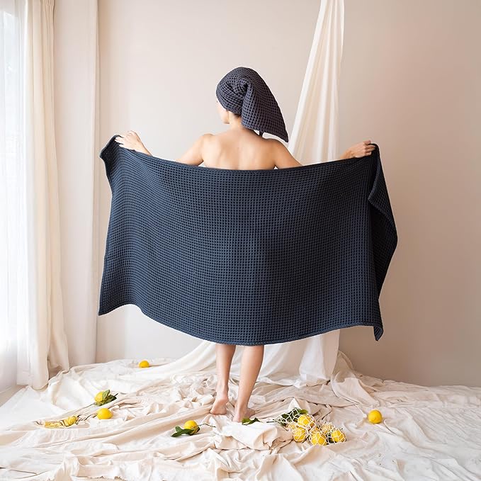 2-Piece Waffle Towels Set for Bathroom Anthracite - Soft 100% Turkish Cotton Quick-Dry Lint-Free Waffle Weave Thin Bath and Hand Towels (Anthracite, Set of 2 Mix Towels)