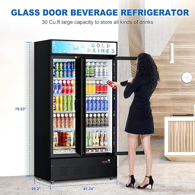 Commercial Beverage Refrigerator, 30 Cu.ft. Fridge Display Glass Door Upright Display Door with Adjustable Shelves LED Light for Restaurant,Grocery Stores,Office