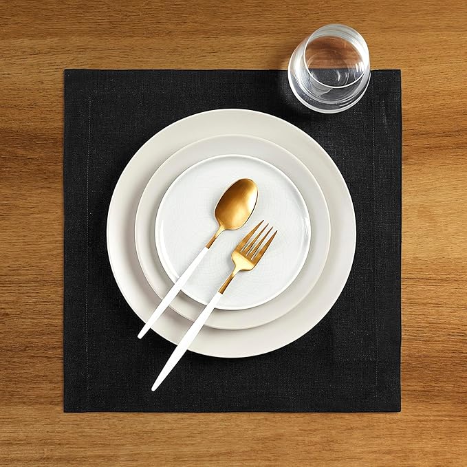 Solino Home Black Placemats Set of 4-100% Pure Linen Placemats 14 x 14 Inch for Winter, Holiday, New Year - Fete, Handcrafted and Machine Washable