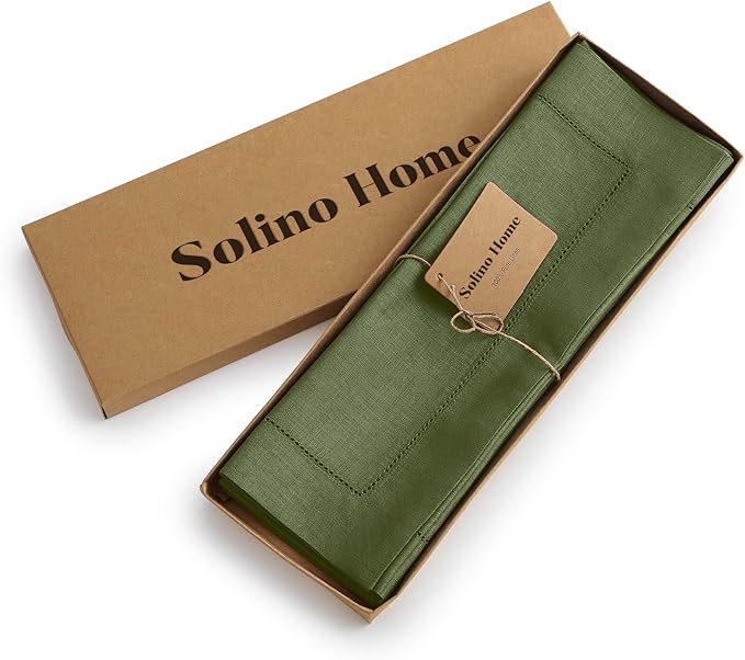 Solino Home Linen Cloth Placemats Set of 4-100% Pure Linen Hemstitch Olive Placemats 14 x 19 Inch - Classic Hemstitch Table Place Mats for New Year