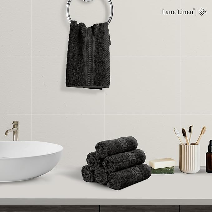 LANE LINEN Hand Towels 6 Pack (16"x28") - 100% Ringspun Cotton Bathroom Hand Towels - Durable, Quick Drying, Super Soft & Absorbent Large Hand Towel Set - Perfect for Regular use - Black Hand Towel
