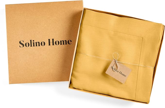 Solino Home Linen Tablecloth 60 x 120 Inch - 100% Pure Linen Mustard Yellow Table Cloth for Rectangle Tables - Fete, Machine Washable Tablecloth