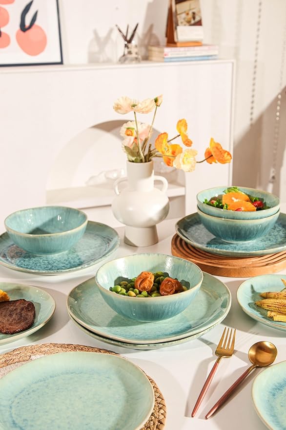 Decosignature Modern Plates and Bowls Sets 12-Piece Ceramic Dinnerware Set for 4 Blue Kitchen Plates and Bowls Microwave Dishwasher and Oven Safe Stackable Tableware Dinnerware Sets for Everyday Use